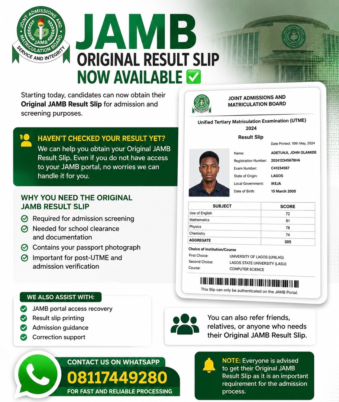 Original JAMB Result Slip Processing Now Available